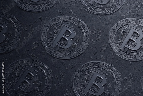 Seamless luxury wallpaper pattern of a bitcoin theme featuring only bitcoin 3d sign background, dark black tone-on-tone design coins outlined subtly