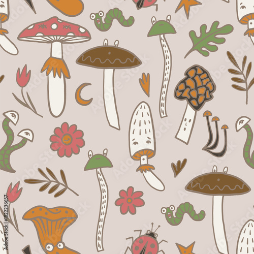 Mushroom autumn vector seamless pattern with forest worms flowers leaves and funny insects