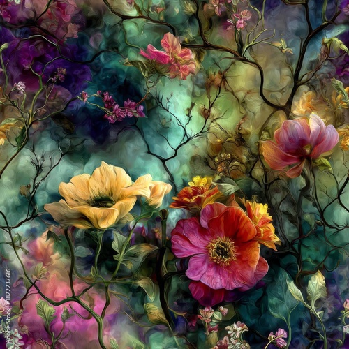 Seamless floral pattern featuring artistic magenta and yellow blooms intertwined with vines on a dark teal background, creating a moody and elegant botanical design for textiles or wallpaper.