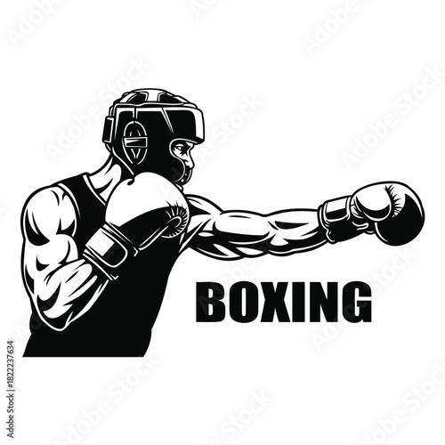 Black and white vector illustration of a boxer wearing headgear and gloves throwing a punch, isolated on vector illustration