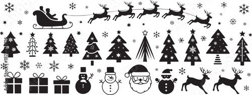 Christmas pattern with santa sleigh reindeer snowman and christmas trees