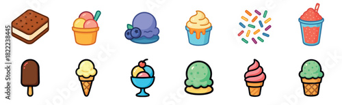 A colorful collection of ice cream dessert icons featuring various sweet treats like cones, sundaes, popsicles, and sandwiches in a cute, flat cartoon vector illustration style