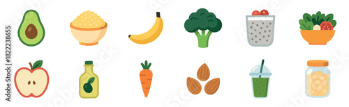 Colorful flat vector icon set of healthy food items like fruits, vegetables, grains, and nuts, illustrating concepts of a balanced diet, nutrition, and wellness
