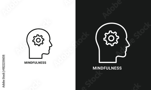 Mindfulness and Mental Processing Icon with Human Head Profile and Gear Symbol for Psychology Concepts