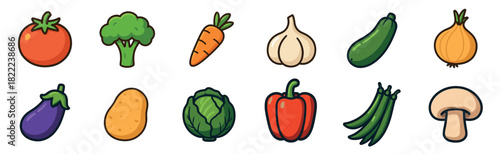 Set of cute vegetable cartoon icons with thick outlines, including tomato, broccoli, carrot, garlic, zucchini, onion, eggplant, potato, cabbage, pepper, and mushroom