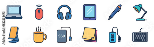 A collection of modern filled outline icons representing office equipment and technology, including a laptop, mouse, headphones, keyboard, tablet, and desk lamp