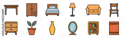 A set of colorful furniture and decor icons for home interior design, including a bed, chair, lamp, and sofa, presented in a simple flat line art vector illustration style