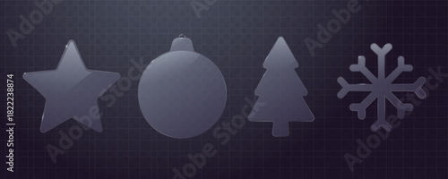 Collection of Christmas symbols in the glass-morph style. Glass Christmas ornaments - star, bauble, Xmas tree, snowflake. Isolated on transparent background. Elements for your festive design.