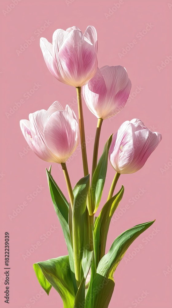 Fototapeta premium Beautiful Pink Tulips With Green Leaves Against a Soft Pink Background