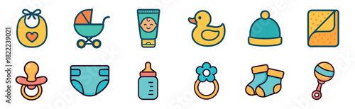 A collection of colorful baby care icons including a stroller, pacifier, feeding bottle, and rubber duck, presented in a cute, flat line art illustration style for newborn themes