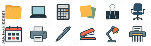 A set of twelve colorful flat design icons for business and office themes, including a laptop, printer, folder, calculator, stapler, and other essential workplace supplies
