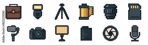A set of pixel art photography icons featuring a camera, lens, tripod, flash, and other videography equipment in a retro 8-bit gaming style illustration collection