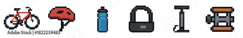 A pixel art icon set of cycling equipment including a bicycle, helmet, water bottle, lock, pump, and pedals, presented in a retro 8-bit video game graphic style