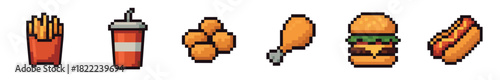 A collection of pixel art fast food icons featuring a hamburger, french fries, soda, chicken nuggets, and a hot dog in a retro 8-bit video game graphic style