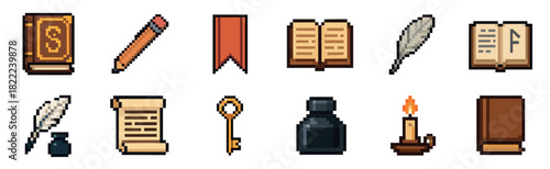A pixel art icon set of medieval writing and fantasy adventure items including books, a quill pen, an inkwell, a scroll, a key, and a candle for a retro RPG video game