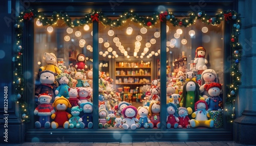 Magical Christmas Toy Shop Window with Festive Lights and Stuffed Animals.