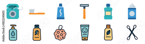 A collection of flat vector personal care icons including a toothbrush, dental floss, razor, soap, and shampoo for bathroom hygiene and daily grooming product concepts