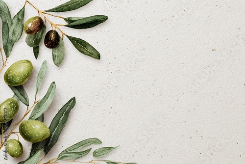 Elegant watercolor illustration of olive branches and green olives framing a textured beige background with ample copy space.