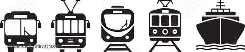 Collection of public transportation vehicles including bus tram train and ship
