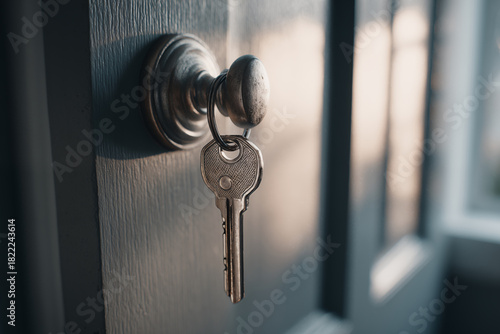 Close-up of a key in the lock of a house door showing early morning light