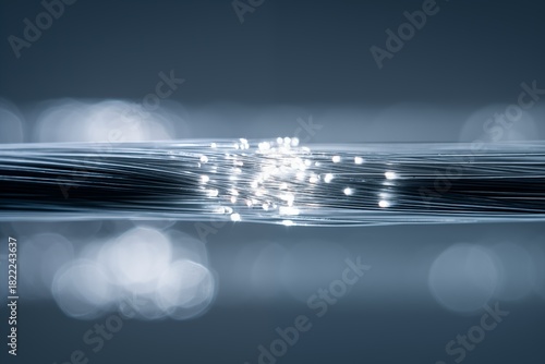 Glowing fiber-optic connector showcasing luminous strands with subtle bokeh sparks in a macro view