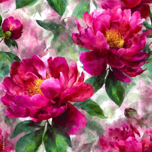 Seamless floral pattern featuring large magenta peonies and lush green leaves painted in a watercolor style on a bright white background.