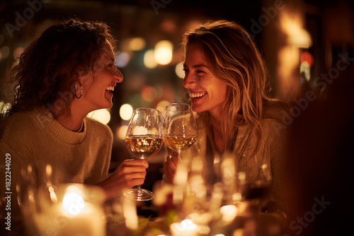 Two women enjoying a joyful moment together while toasting with wine glasses in a cozy, candlelit setting during an evening gathering