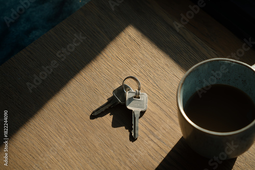 Keys resting on a wooden table beside a cup of coffee in the warm afternoon light