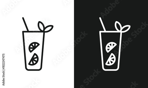 Tropical Cocktail and Lemonade Glass Line Art Icon with Straw and Fruit Slices for Summer Drinks and Bar Menus