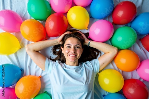 Person lying on a bed surrounded by colorful balloons captured from above