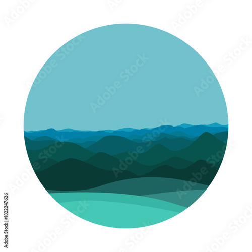mountain landscape in a circle . Hand drawn. Not AI, vector illustration.