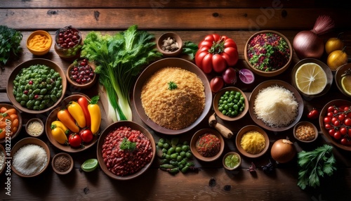 a culinary journey a vibrant spread of fresh ingredients awaits on a rustic wooden table inviting viewers to embark on a culinary adventure exploring the flavors of a diverse and exotic cuisine