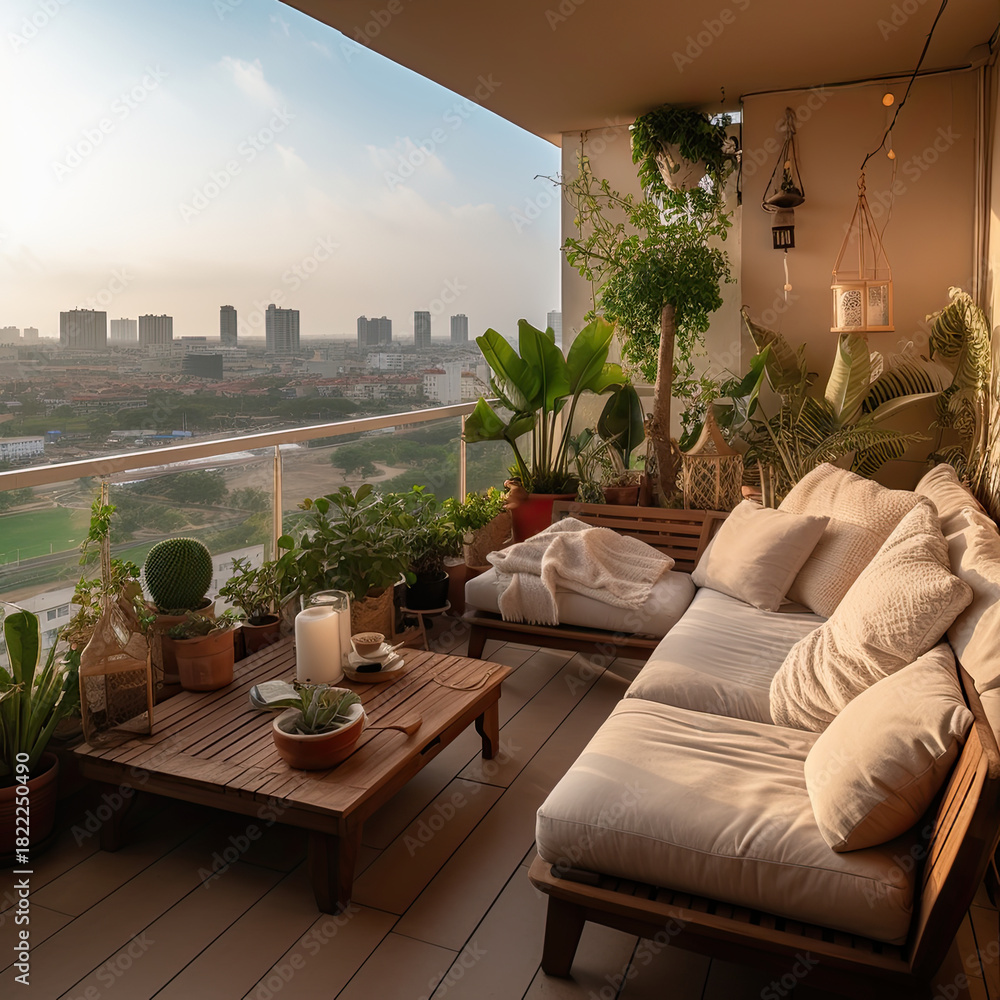 Obraz premium cozy balcony with comfortable seating, lush plants, and stunning city view. space is perfect for relaxation and enjoying sunset