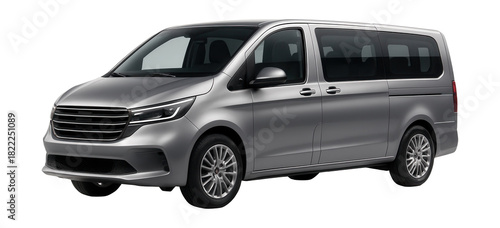 Eight-passenger van with a compact front hood and spacious rear windows.