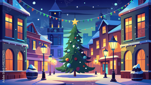 Very beautiful nighttime holiday scene featuring a decorated Christmas tree illuminated with colorful lights, complemented by glowing streetlights, creating a warm and festive urban atmosphere.