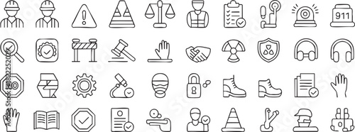 Outline safety and security icons for workplace hazard prevention