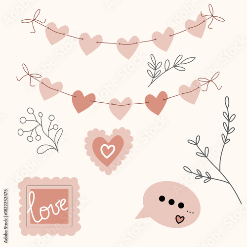 Cute pink hearts and love-themed decorations, perfect for Valentine's Day or wedding invitations. Includes heart garlands, floral elements, and a "love" sign. Ideal for romantic designs and celebratio