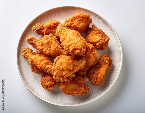 a top view of a white plate piled high with golden crispy fried chicken pieces on a white background