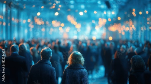 A large crowd of people walks through a brightly lit indoor space, with soft blue and orange tones.