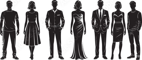 Silhouetted fashion models showcasing various clothing styles in black and white