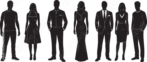 Silhouetted People Posing in Formal and Casual Wear Vector Image