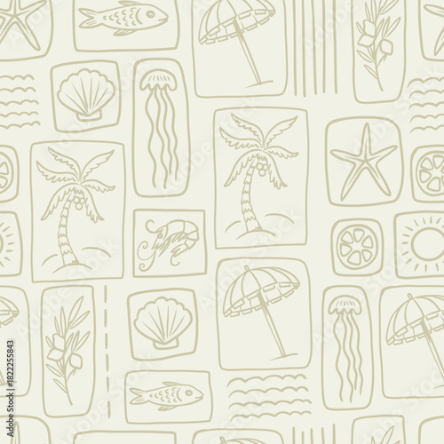 Square summer vector seamless pattern tropical beach elements palm umbrella fish sun waves