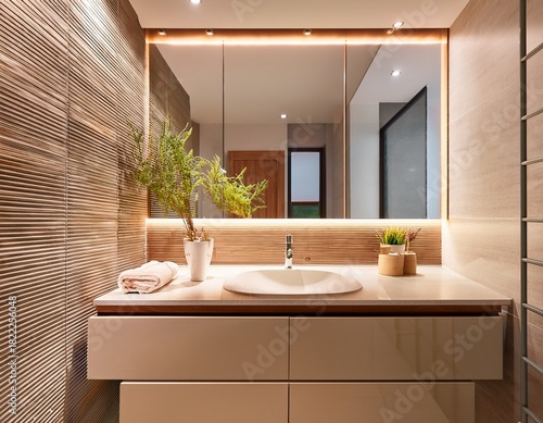 elegant bathroom interior featuring a contemporary sink and stylish mirror harmoniously blending modern design with timeless charm