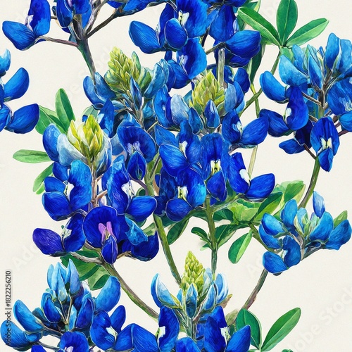 A seamless vertical pattern featuring detailed Texas bluebonnets with royal blue petals and vivid green leaves on a soft cream background.