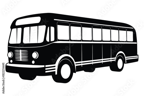 A black and white vintage bus with visible seats travels towards the viewer