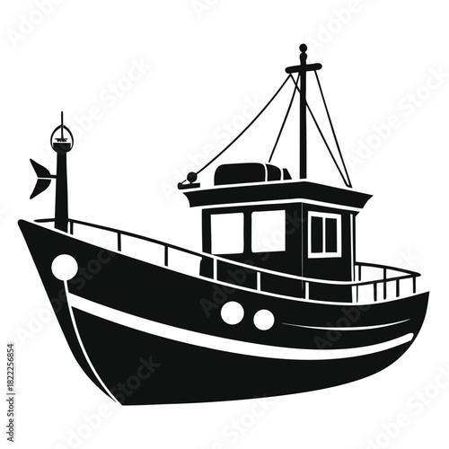 A black fishing vessel silhouette displays nautical equipment details on a white background