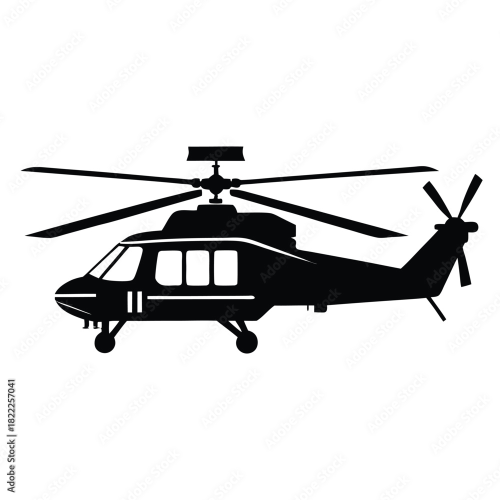 Fototapeta premium A black helicopter's silhouette shows its iconic rotor blades and landing gear