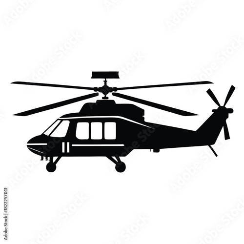 A black helicopter's silhouette shows its iconic rotor blades and landing gear