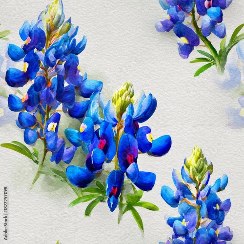 A beautiful watercolor painting illustration featuring vibrant Royal Blue bluebonnet flowers with Sage Green leaves on a textured Off White paper background.