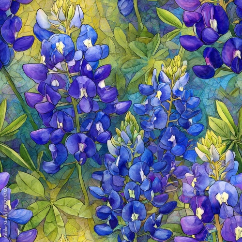 Artistic watercolor illustration of Texas bluebonnet flowers featuring vibrant indigo blue petals and lush lime green leaves.